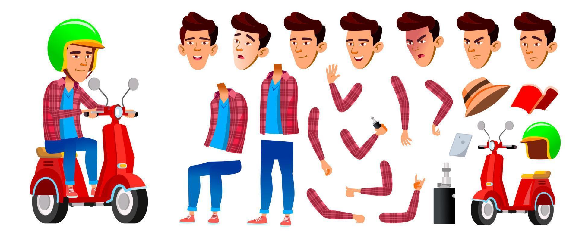Asian Boy Schoolboy Kid Vector. High School Child. Delivery Service. Animation Creation Set. Face Emotions, Gestures. Teenage. Lifestyle, Friendly. Web, Brochure, Poster Design. Animated. Illustration vector