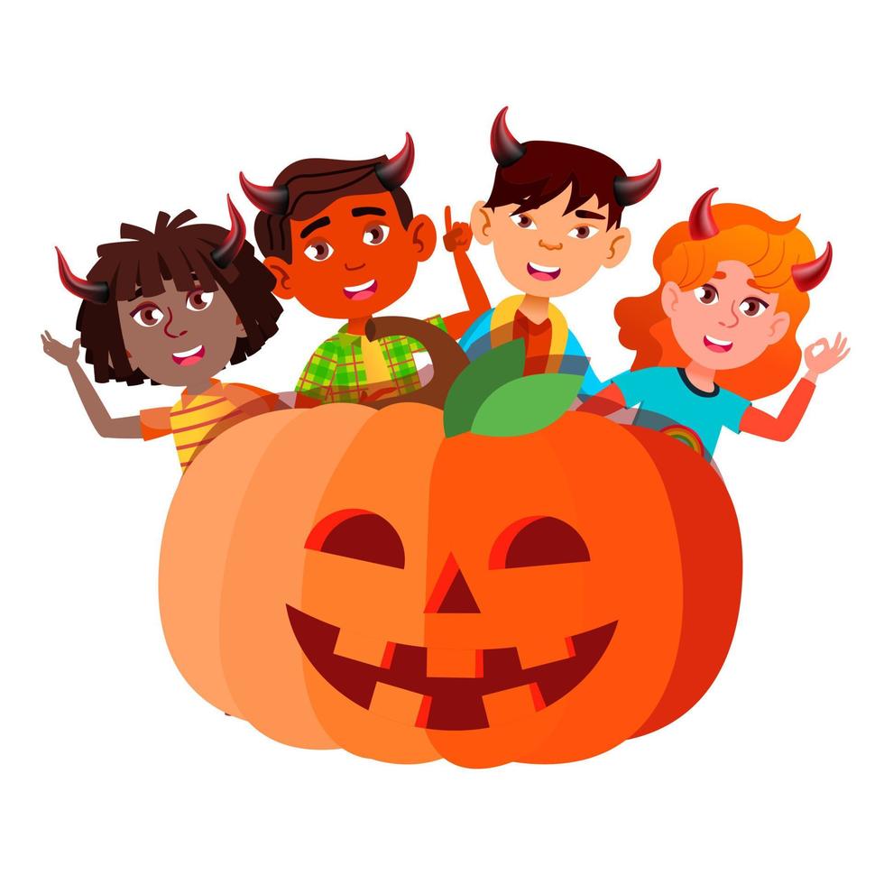 Group Of Children With Devil Horns Peeking Out From Large Pumpkin Vector. Halloween Isolated Illustration vector