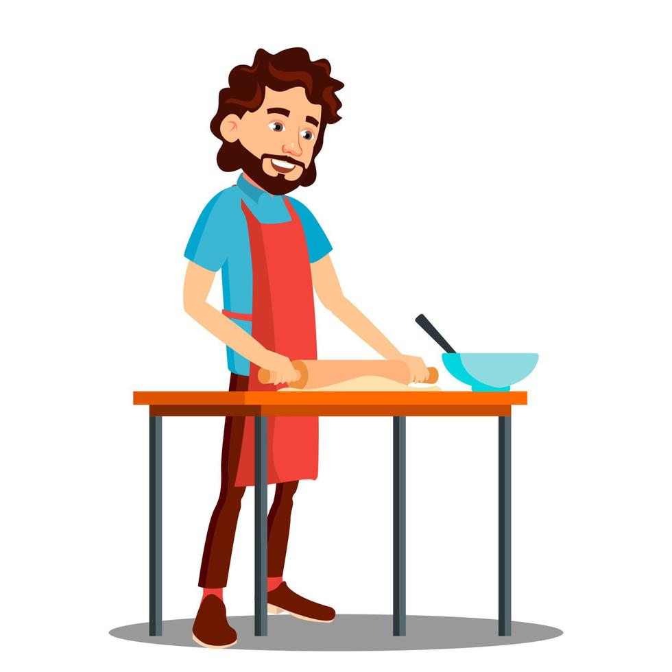 hombre cocinando en la cocina en vector de delantal. ilustración