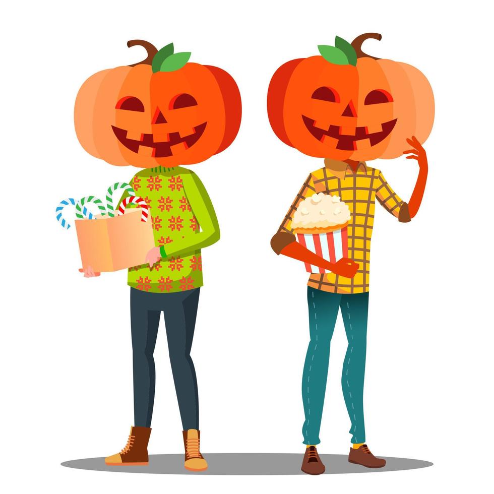 niño, niña con una calabaza en lugar de cabeza y una canasta de dulces en el vector de la mano. ilustración aislada de halloween