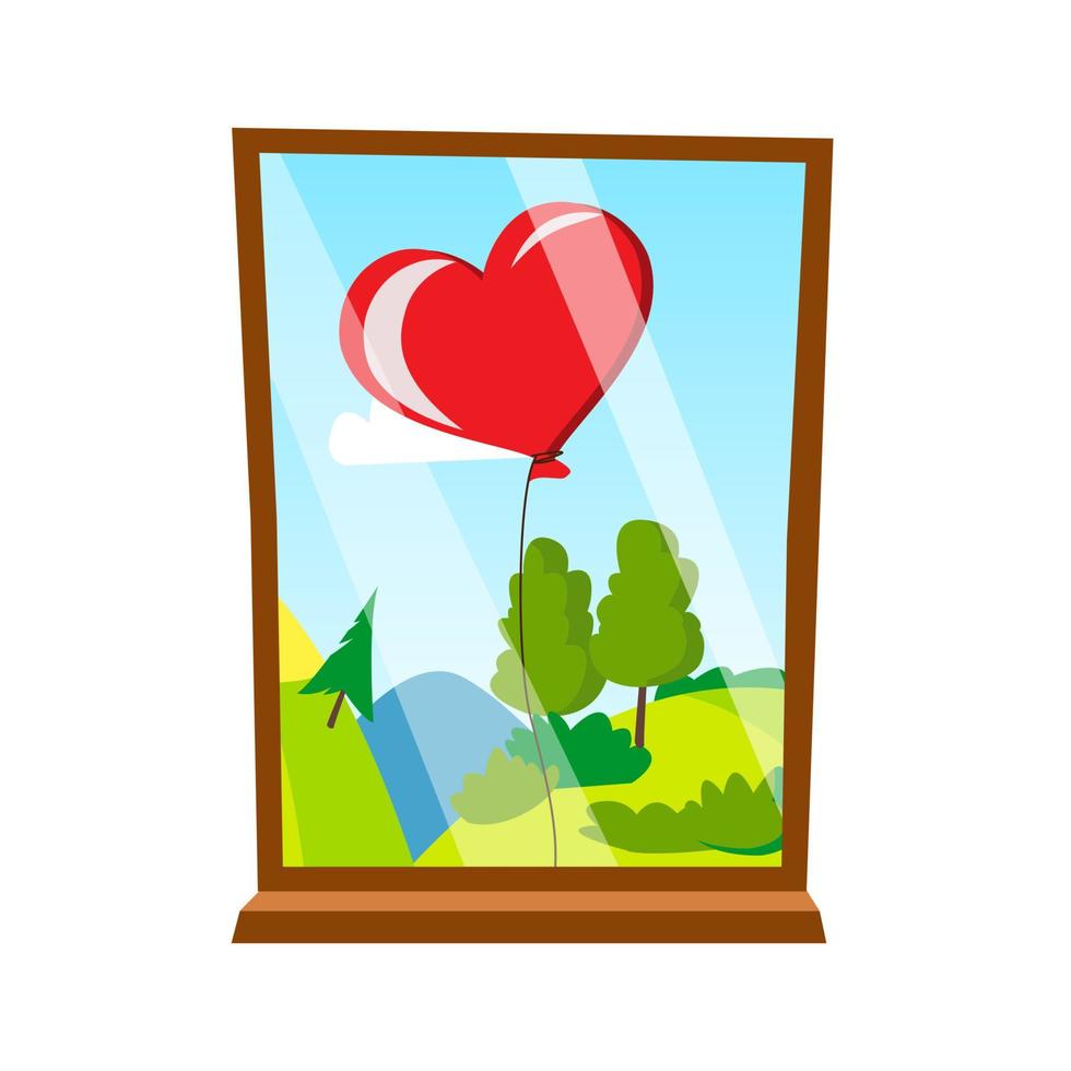 globo en forma de corazón fuera del vector de ventana. ilustración