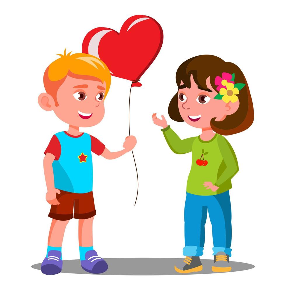 Little Boy Gives The Girl Red Heart Balloon Vector. Illustration vector