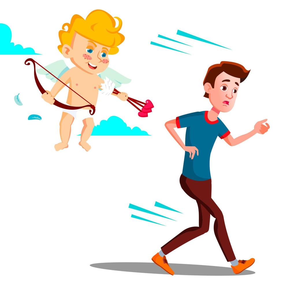 Frightened Teen Guy Running From Valentine s Day Cupid Vector. Illustration vector