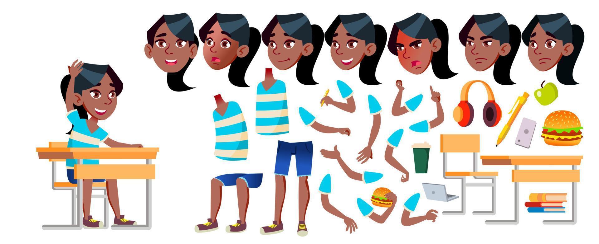 niña colegiala niño vector. negro. afroamericano. niño de secundaria. conjunto de creación de animación. enfrentar emociones, gestos. escuela secundaria. gente joven, cara, alegre. animado. ilustración aislada vector