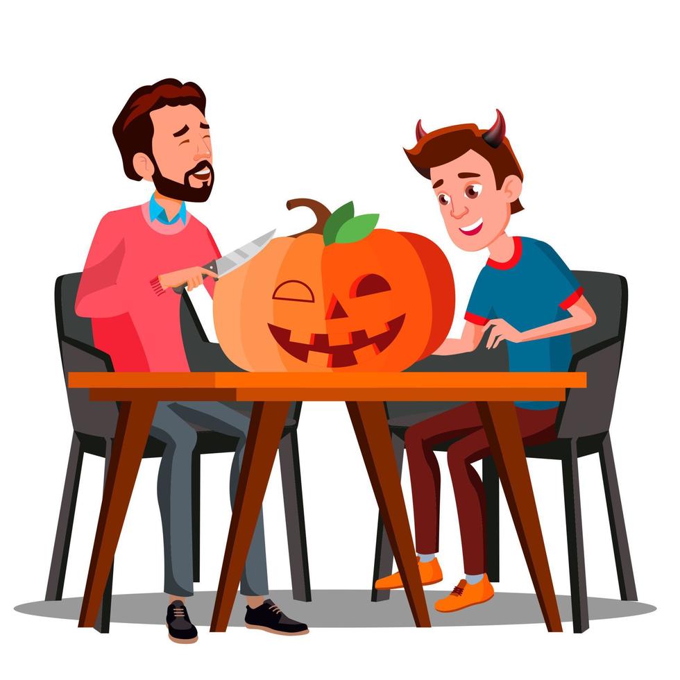 Father And Son Making A Pumpkin For Halloween Vector. Isolated Halloween Illustration vector