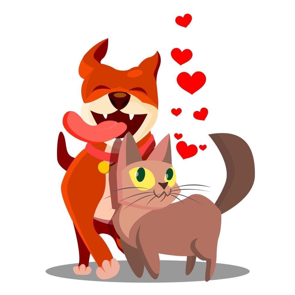 gato con perro enamorado del vector de corazones voladores. ilustración