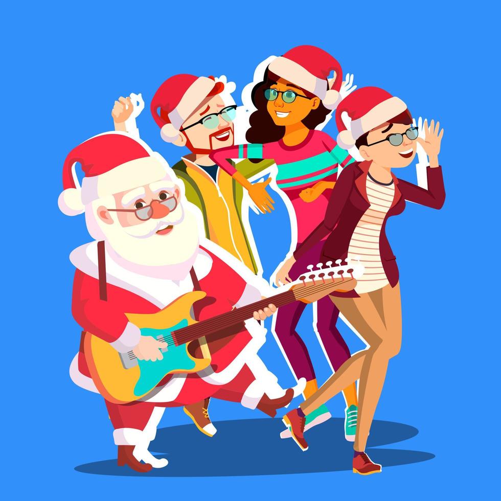 Santa Claus Dancing With Group Of People And Guitar In Hands. Happy People Having Fun Dancing. Christmas Party Vector Illustration