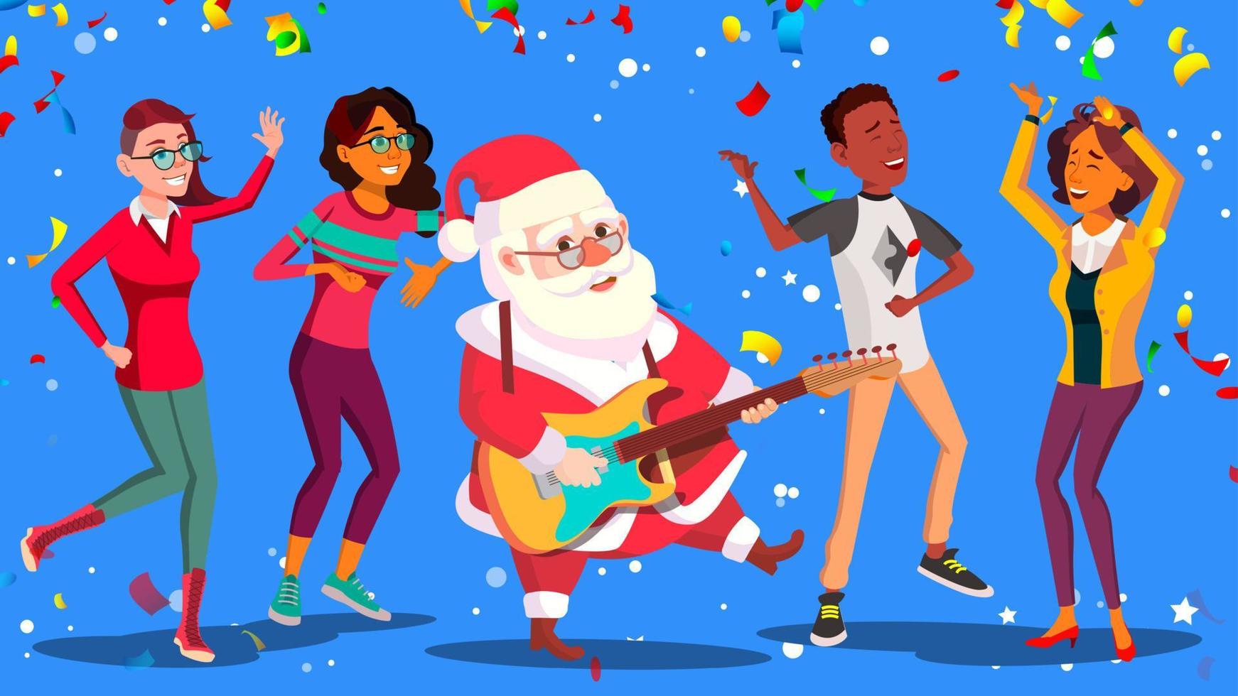 santa claus bailando con un grupo de personas y guitarra en las manos. divirtiéndose en la oficina corporativa. ilustración de vector de cartel de fiesta de navidad