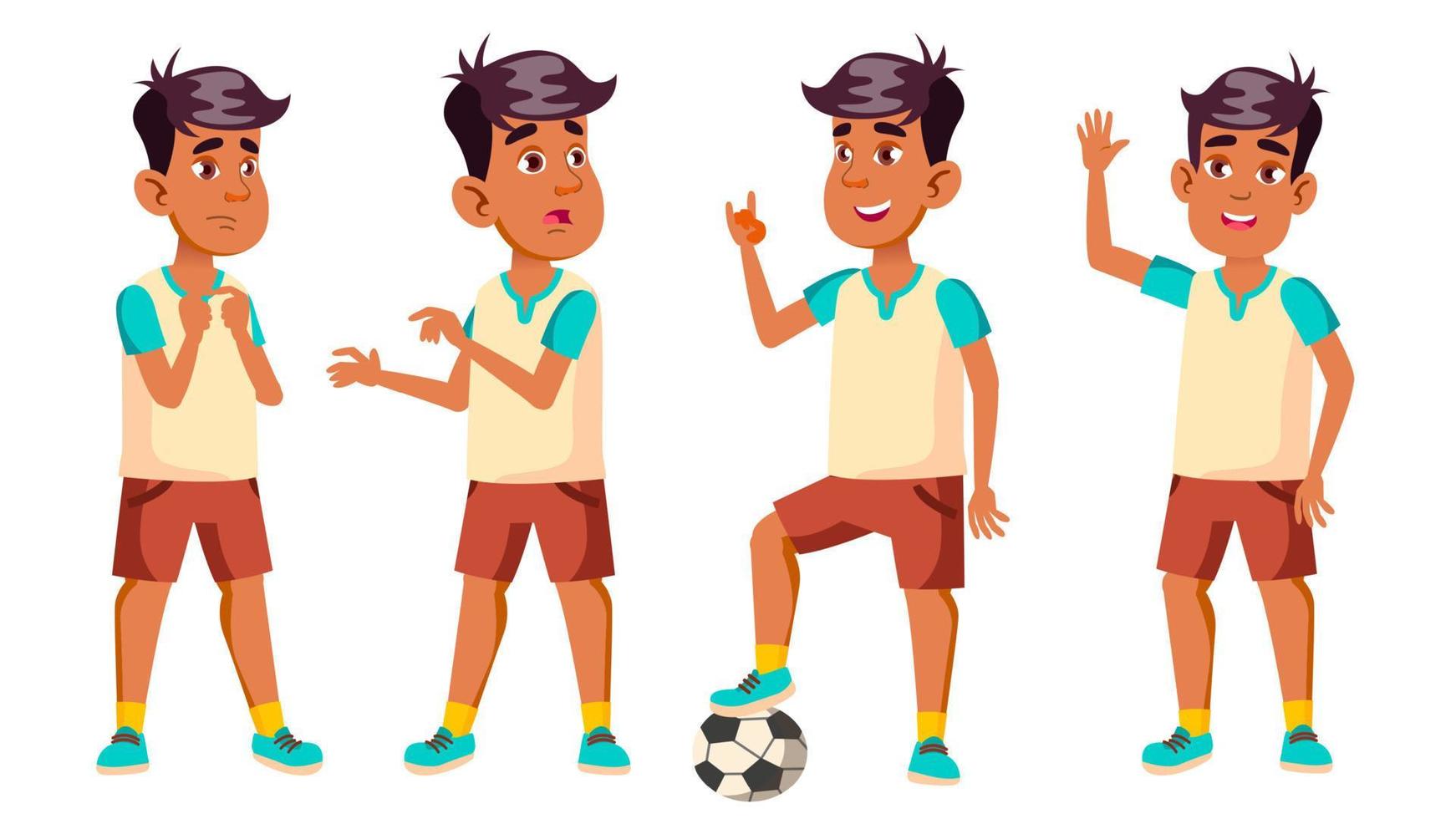 árabe, niño musulmán colegial poses set vector. niño de secundaria enseñar, educar, deportista, futbolista. para presentación, impresión, diseño de invitación. ilustración de dibujos animados aislados vector