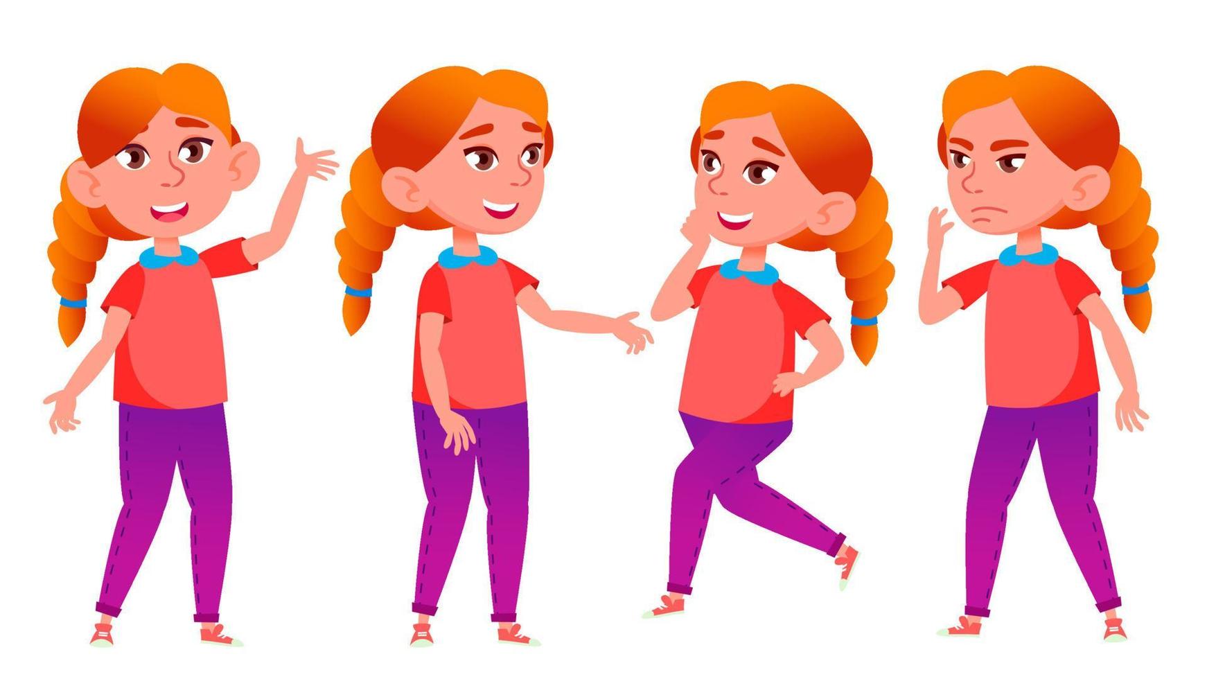 Girl Schoolgirl Kid Poses Set Vector. High School Child. Redhead. Child Pupil. University, Graduate, Class. For Postcard, Cover, Placard Design. Isolated Cartoon Illustration vector