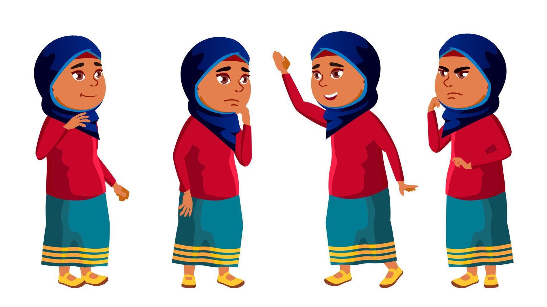 árabe, niña musulmana poses set vector. niño de secundaria. educación. joven, lindo, cómico. para tarjeta, publicidad, diseño de saludo. ilustración de dibujos animados aislados vector