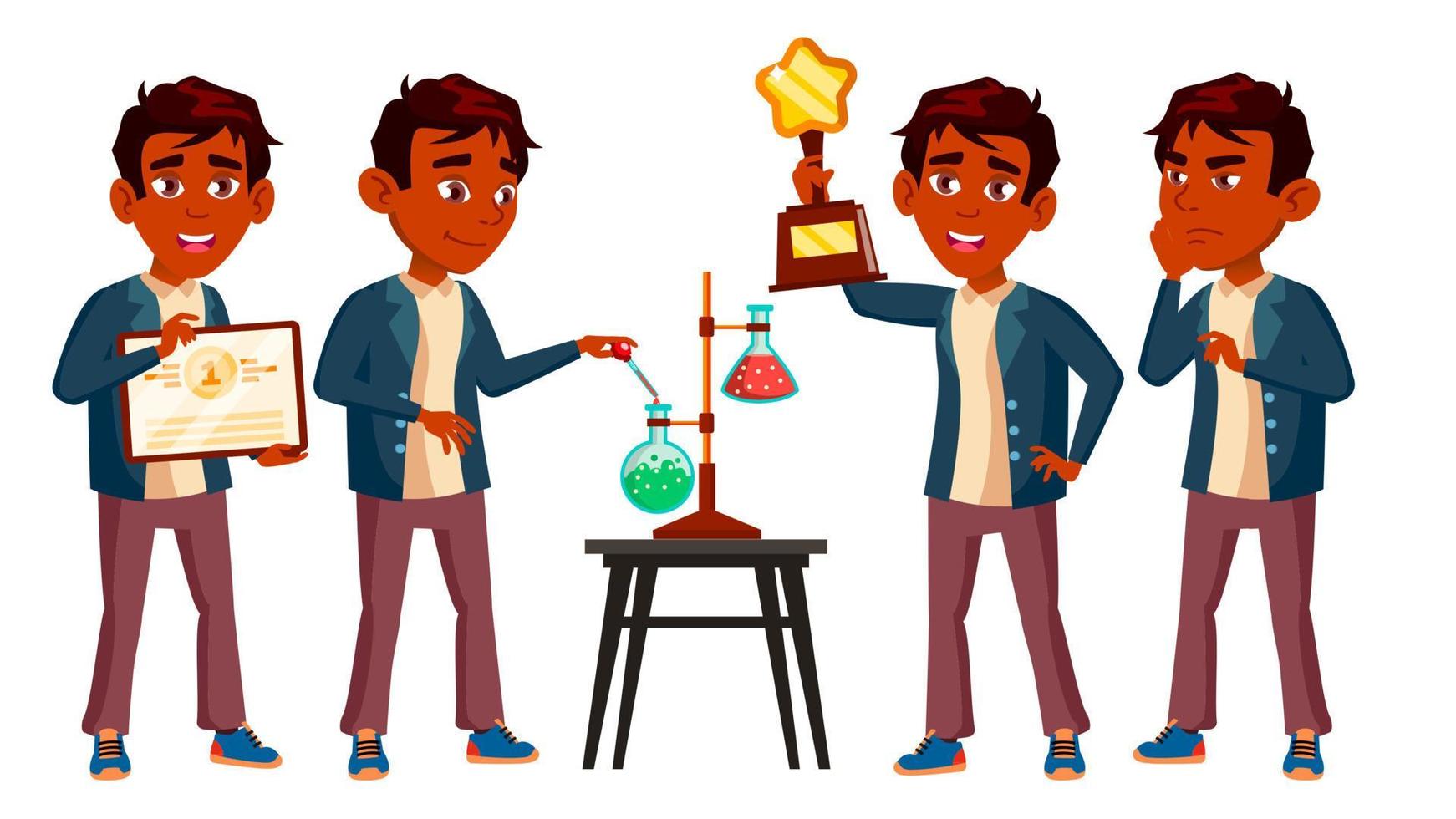 Indian Boy Schoolboy Kid Poses Set Vector. High School Child. Classmate. Teenager, Classroom. Discovery, Experience, Science. For Advertising, Booklet, Placard Design. Isolated Cartoon Illustration vector