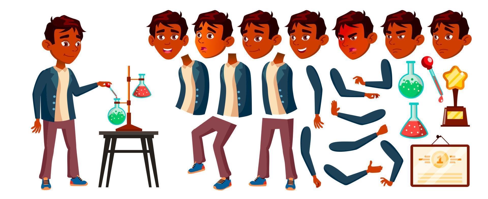 Indian Boy Schoolboy Kid Vector. High School Child. Animation Creation Set. Face Emotions, Gestures. Child Pupil. Active, Joy, Leisure. For Advertisement, Greeting, Announcement Design. Animated vector