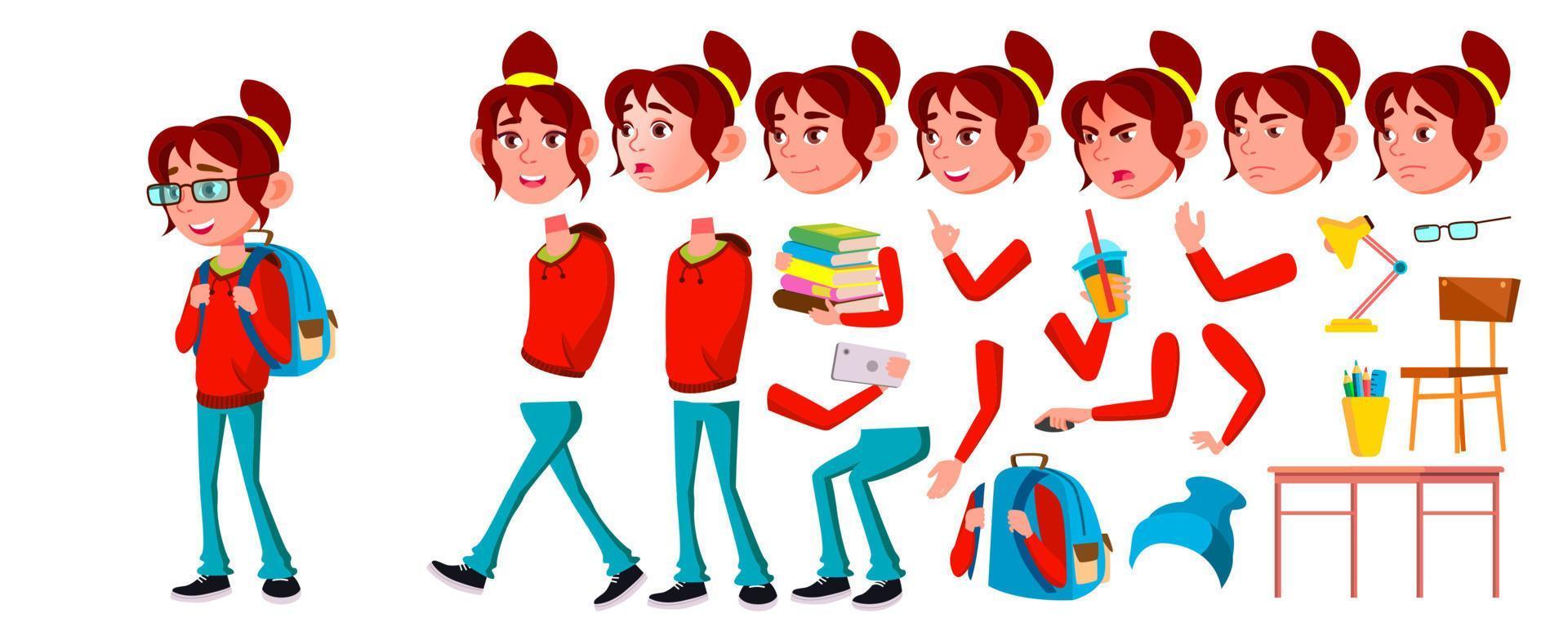 Girl Schoolgirl Kid Vector. High School Child. Animation Creation Set. Emotions, Gestures. School Student. Expression, Positive Person. Web, Brochure, Poster Design. Animated. Cartoon Illustration vector