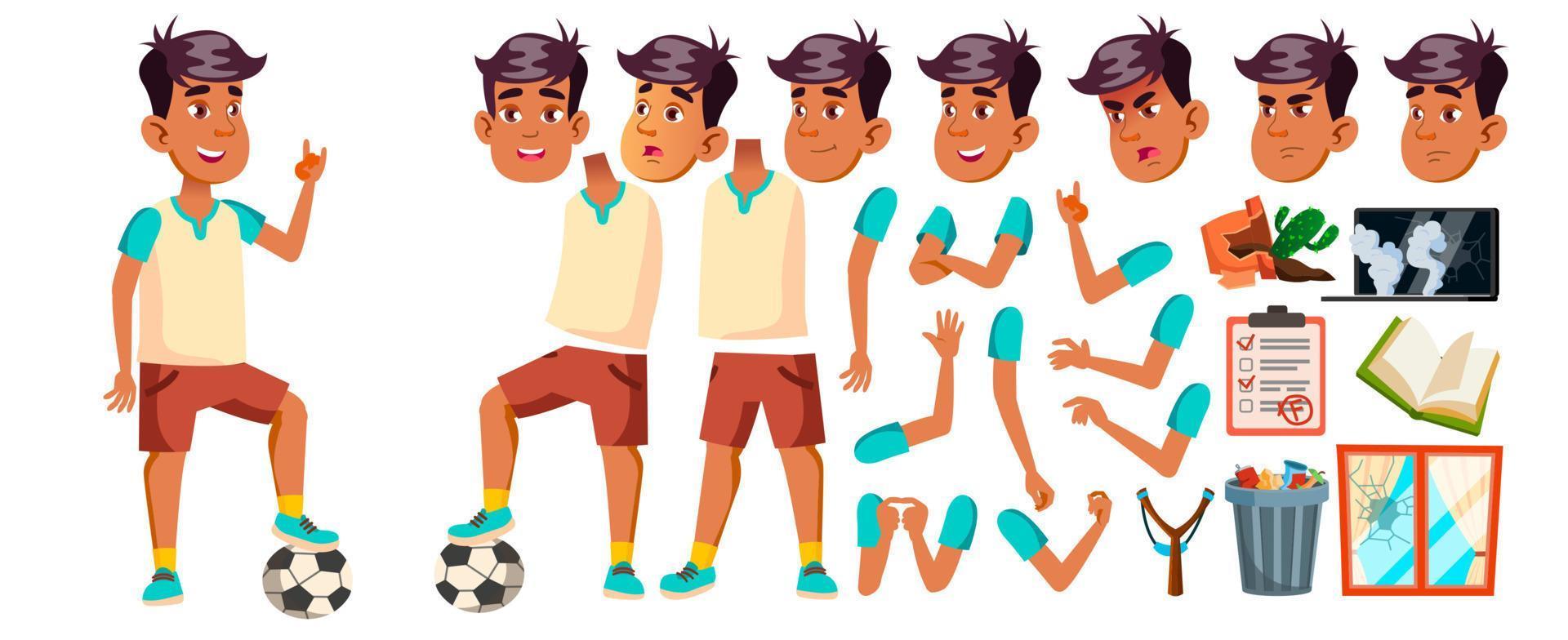 vector de niño árabe, musulmán. niño de secundaria. conjunto de creación de animación. enfrentar emociones, gestos. juego deportivo. fútbol. sonrisa, actividad, hermosa. para web, diseño de afiches. animado. ilustración