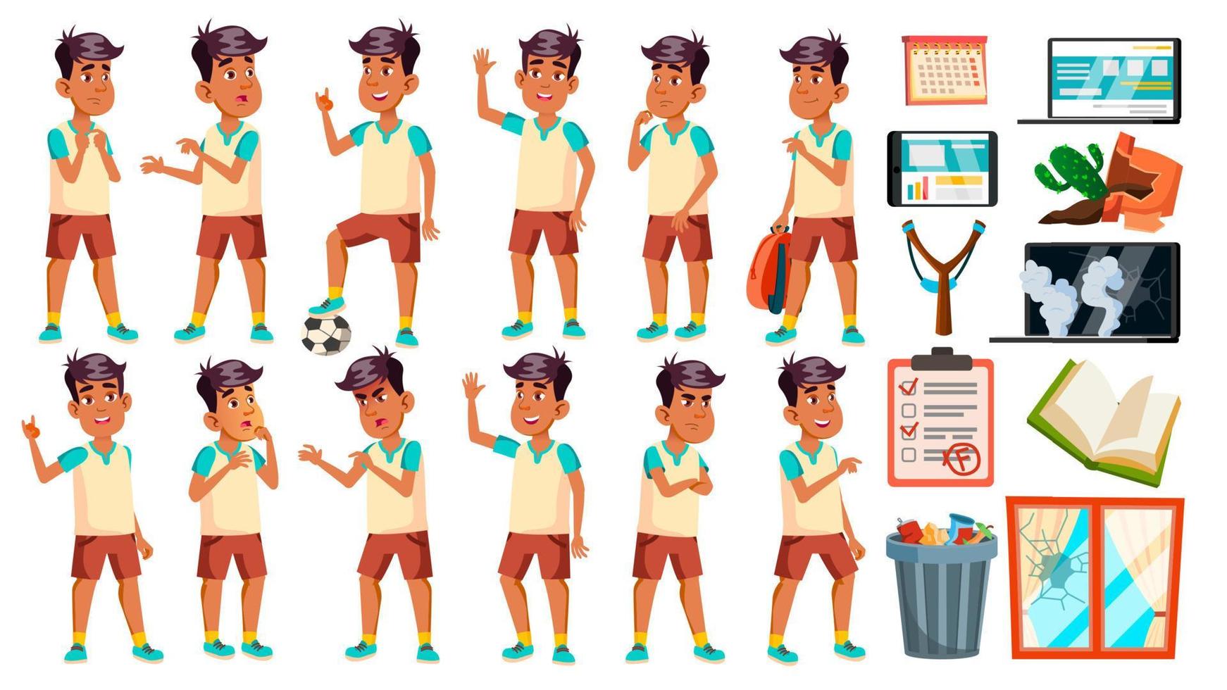 niño árabe, musulmán niño colegial poses set vector. niño de secundaria. estudiante. atleta, futbolista. para banner, volante, diseño web. ilustración de dibujos animados aislados vector