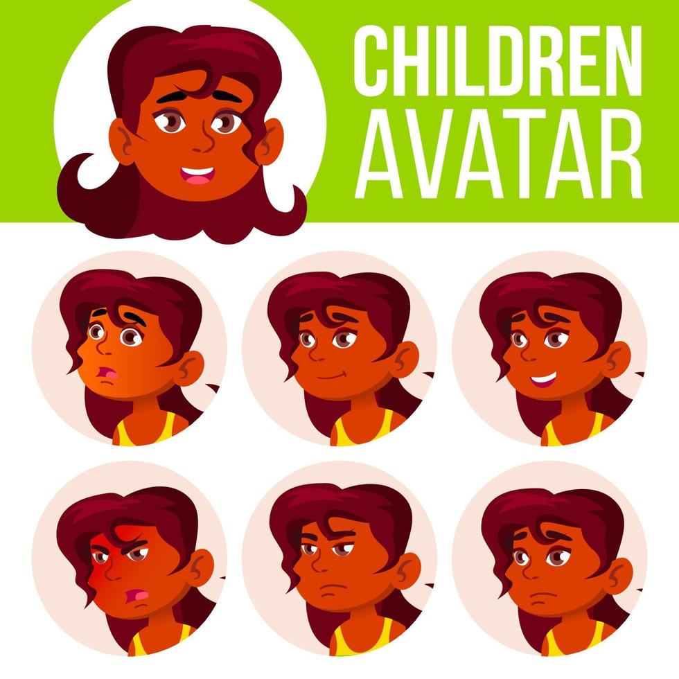 Indian Girl Avatar Set Kid Vector. High School. Hindu Face Emotions. Head, Icon. Happiness Cartoon Head Illustration vector