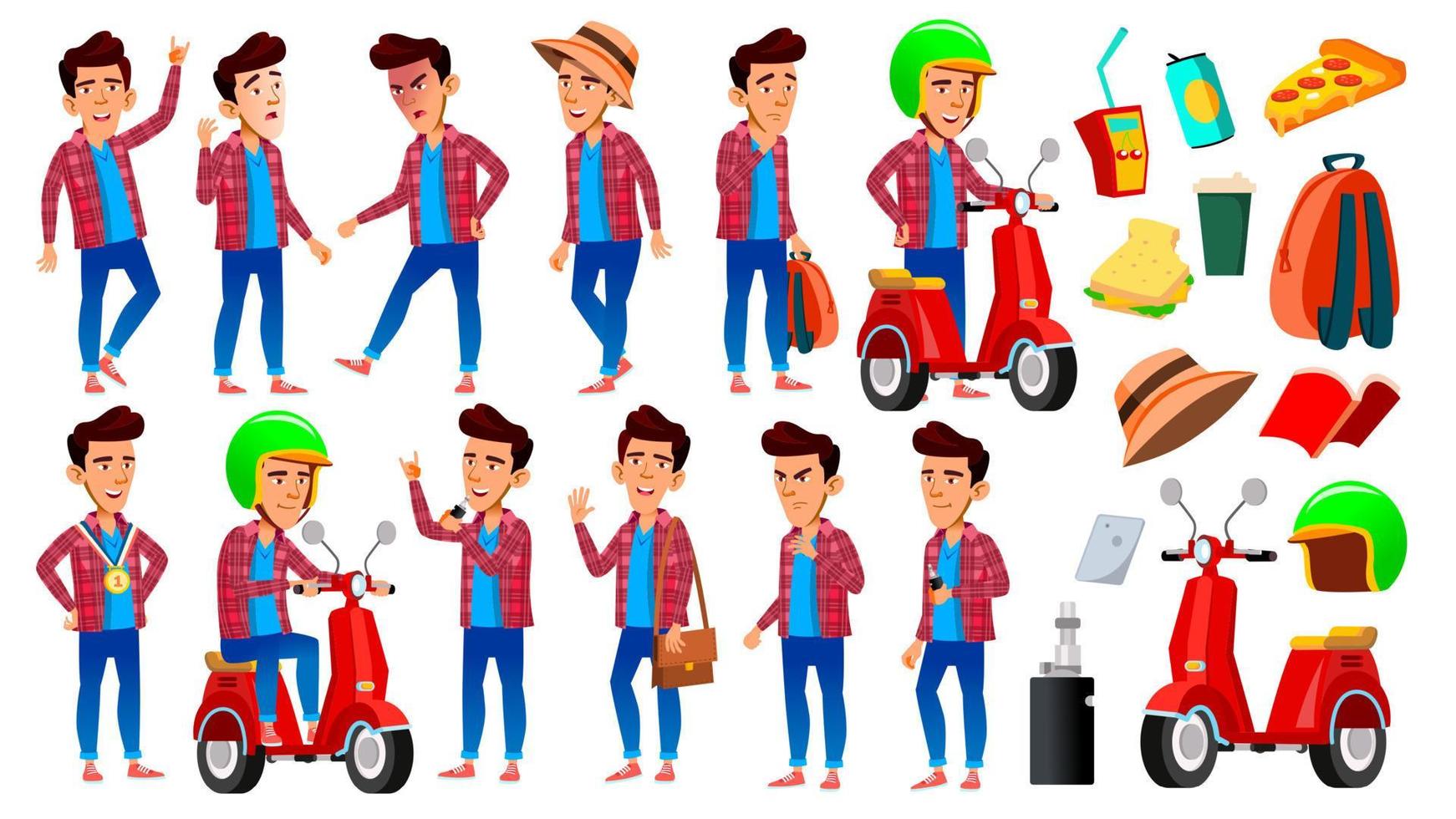 Asian Boy Schoolboy Kid Poses Set Vector. High School Child. School Student. Delivery Service. Scooter. For Presentation, Print, Invitation Design. Isolated Cartoon Illustration vector