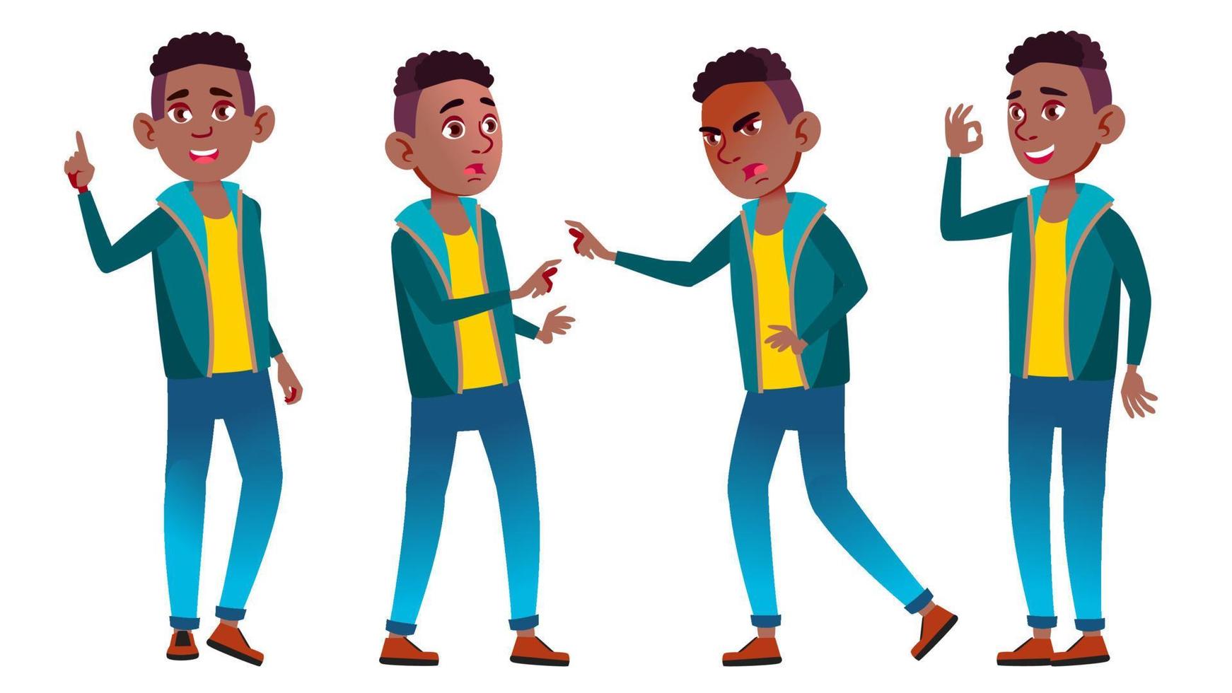 Boy Schoolboy Kid Poses Set Vector. Black. Afro American. High School Child. Teaching, Educate, Schoolkid. For Presentation, Print, Invitation Design. Isolated Cartoon Illustration vector