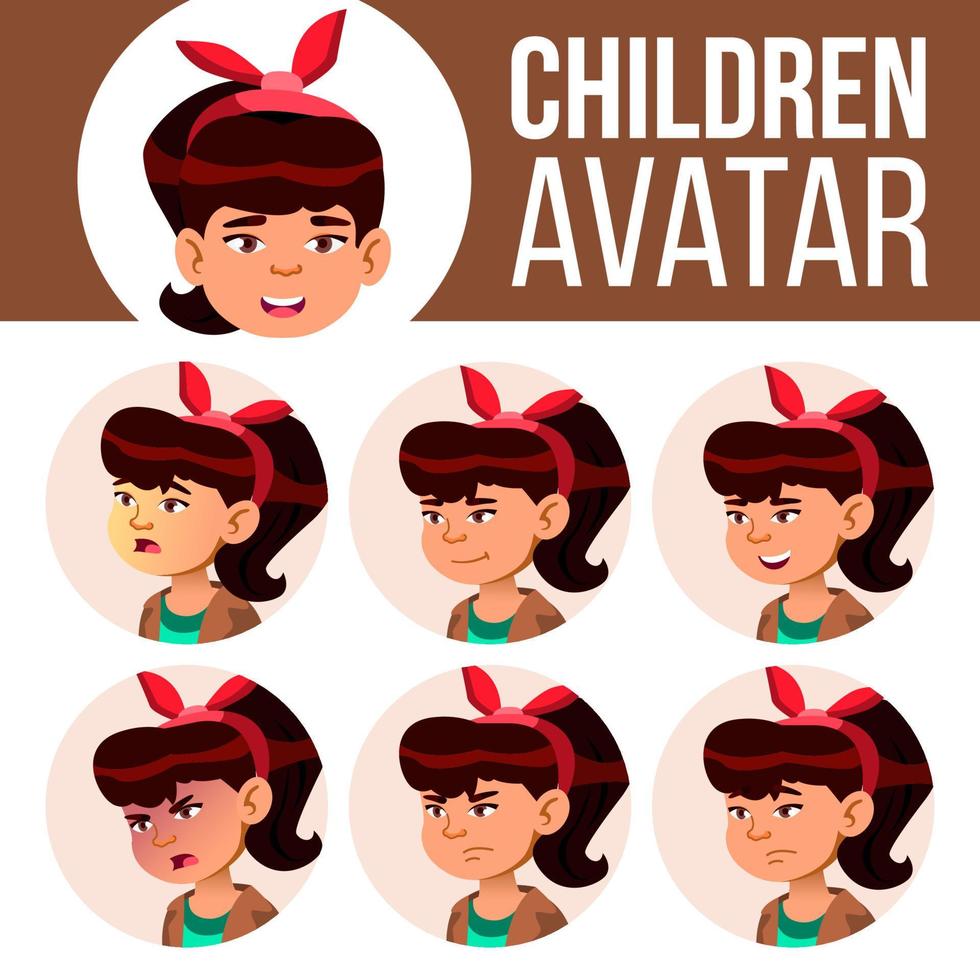 avatar de niña asiática establece vector de niño. escuela secundaria. enfrentar las emociones. alto, niño alumno. pequeño, júnior. ilustración de cabeza de dibujos animados