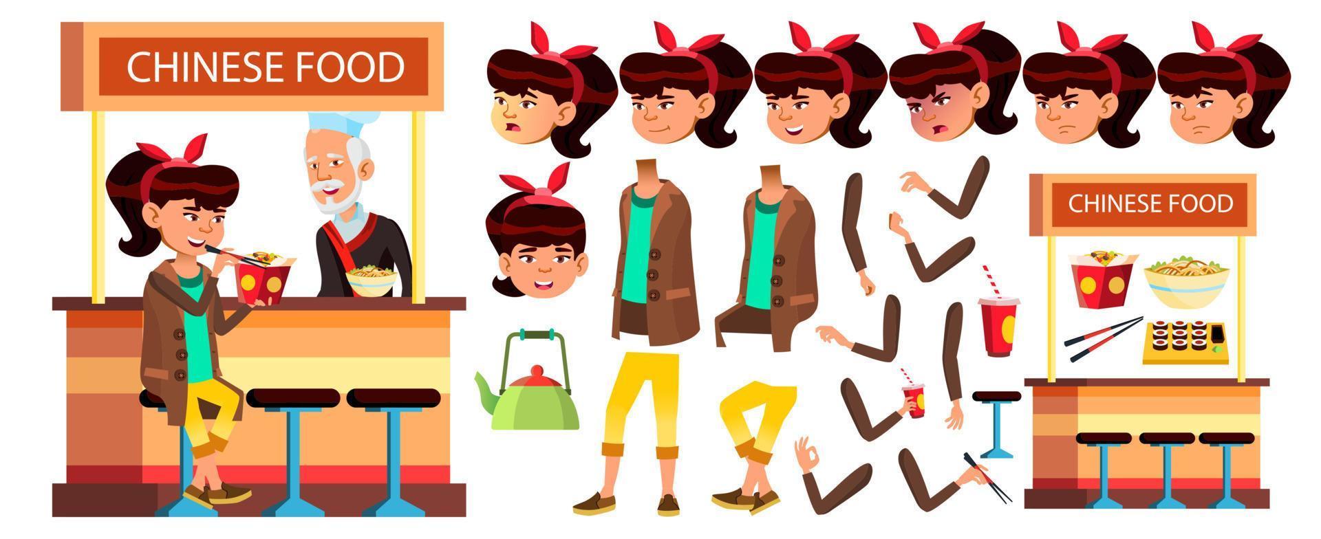Asian Girl Kid Vector. High School Child. Animation Creation Set. Face Emotions, Gestures. Chinese Food Caffe. For Presentation, Print, Invitation Design. Animated. Isolated Cartoon Illustration vector