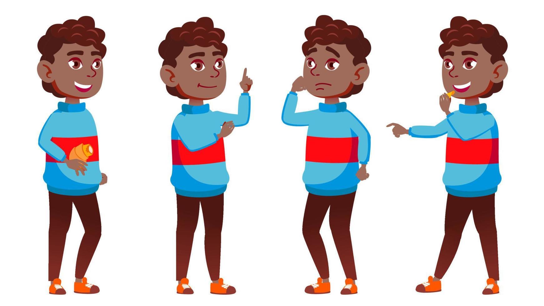 Boy Schoolboy Kid Poses Set Vector. Black. Afro American. High School Child. School Student. Cheer, Pretty, Youth. For Presentation, Print, Invitation Design. Isolated Cartoon Illustration vector