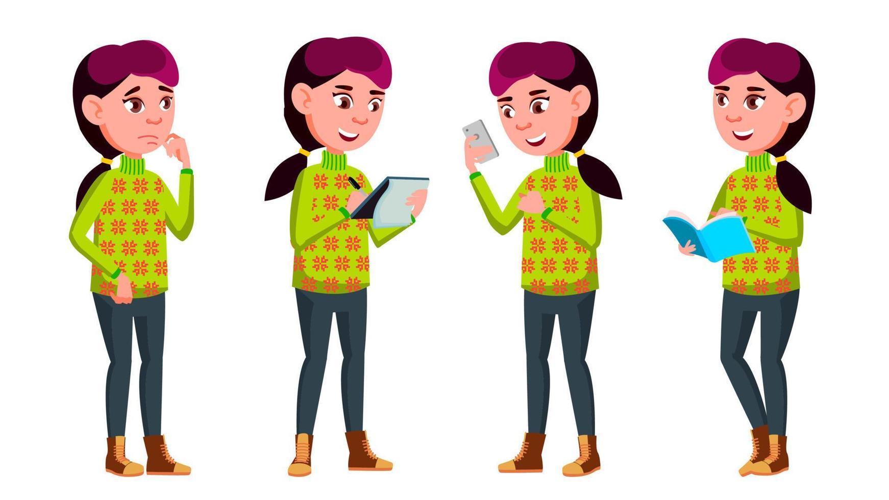 Girl Schoolgirl Kid Poses Set Vector. High School Child. Child Pupil. Active, Joy, Leisure. For Banner, Flyer, Brochure Design. Isolated Cartoon Illustration vector