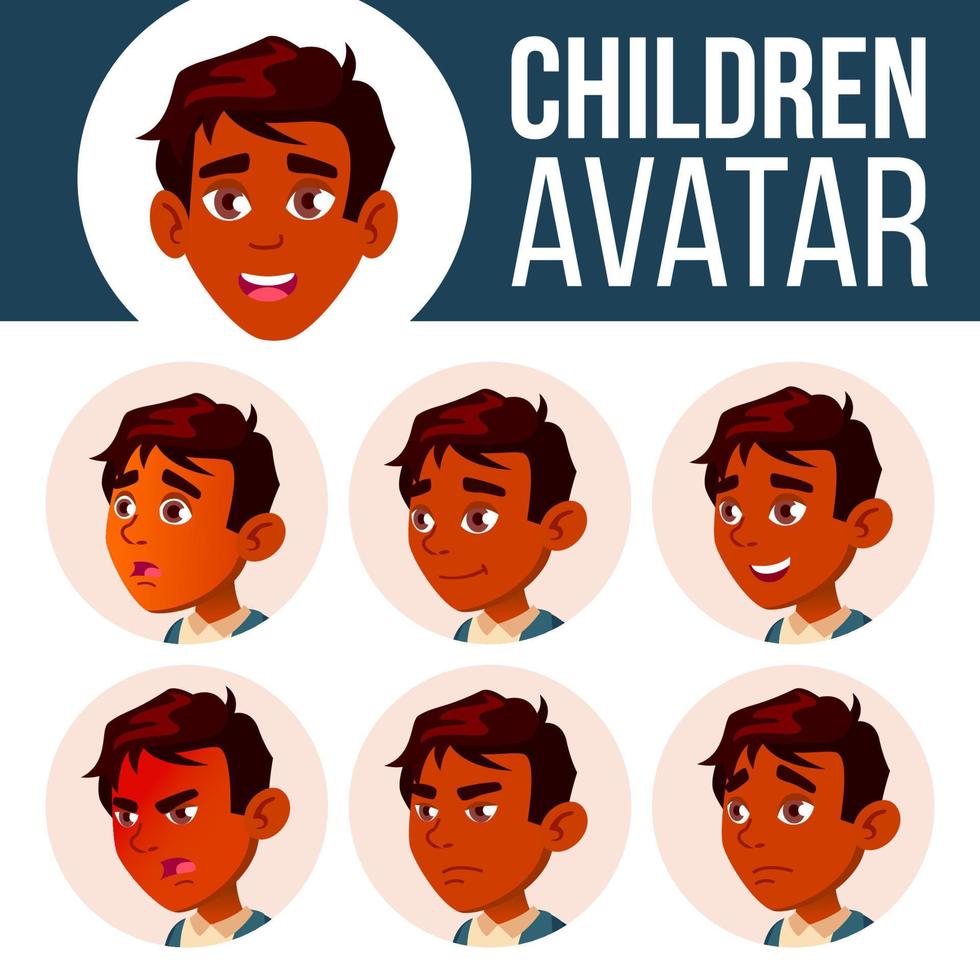 avatar de niño indio establece vector de niño. escuela secundaria. enfrentar las emociones. facial, gente. activo, alegría. ilustración de cabeza de dibujos animados