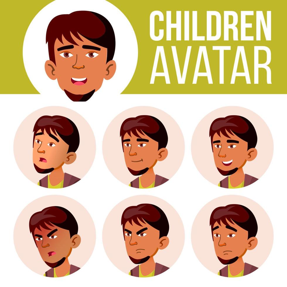 Arab, Muslim Boy Avatar Set Kid Vector. High School. Face Emotions. Flat, Portrait. Cute, Comic, Web. Cartoon Head Illustration vector