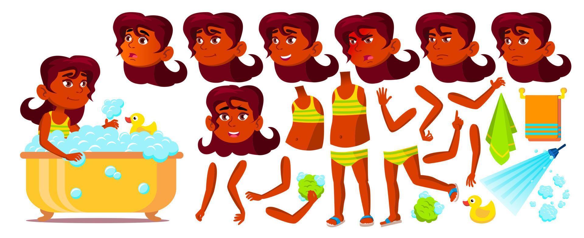 vector de niña india. hindú. niño. conjunto de animación baño, ducha, piscina, playa. enfrentar emociones, gestos. Adolescente. belleza, estilo de vida, amigable. para diseño web. animado. ilustración de dibujos animados aislados