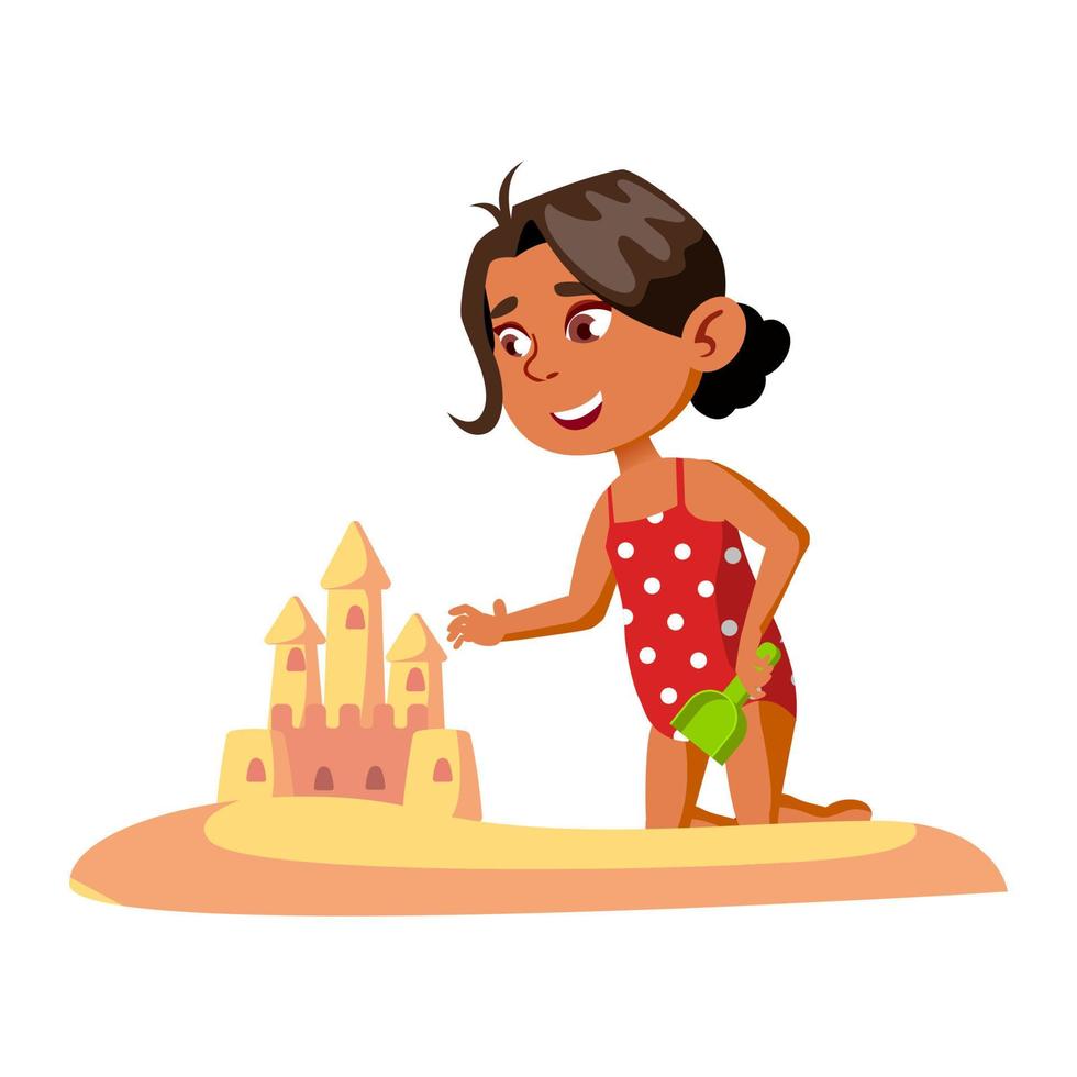 Girl Building Sandy Castle On Beach Seaside Vector