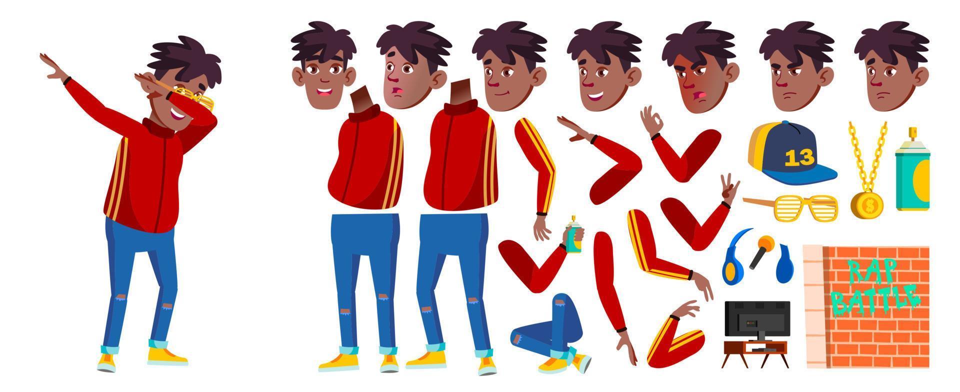 Rap Battle Singer Boy Kid Vector. Schoolboy. Black. Afro American. Animation Child Creation Set. Face Emotions, Gestures. For Presentation, Invitation Design. Animated. Isolated Cartoon Illustration vector