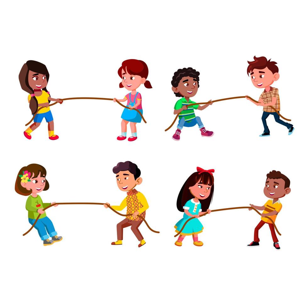 Boys And Girls Children Pulling Rope Set Vector