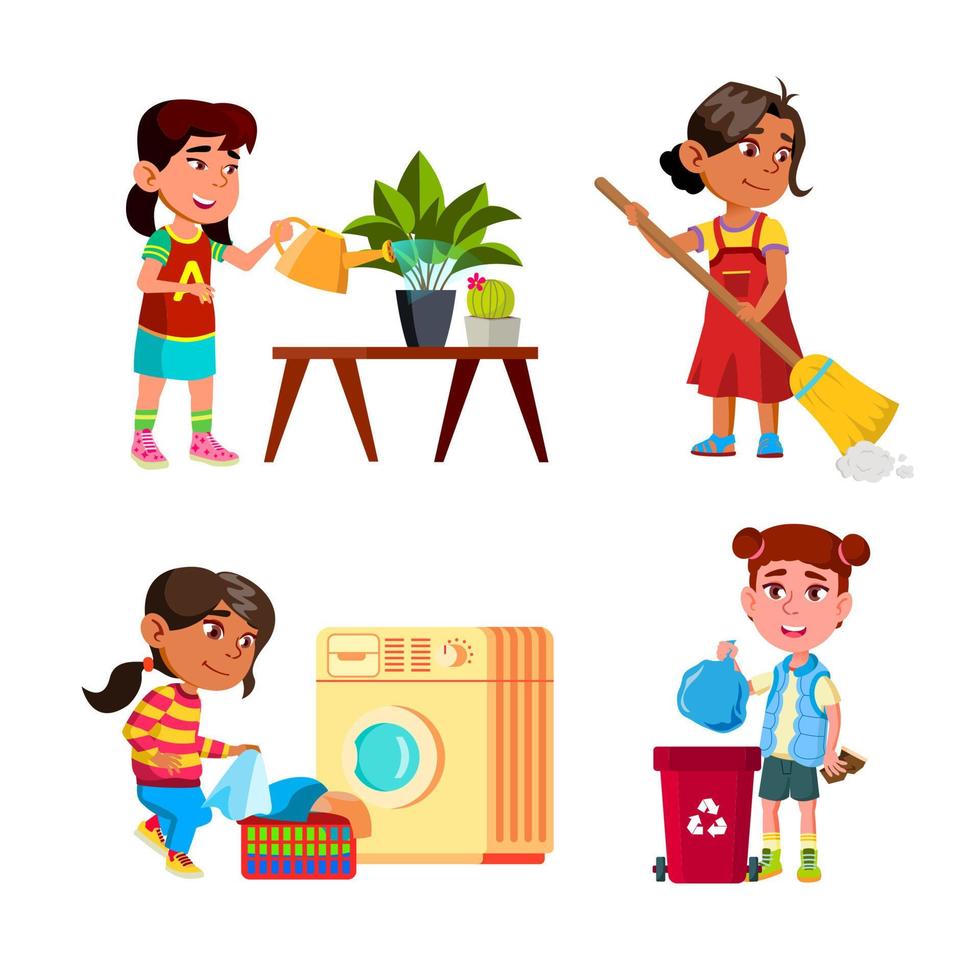 Girls Kids Cleaning And Doing Housework Set Vector