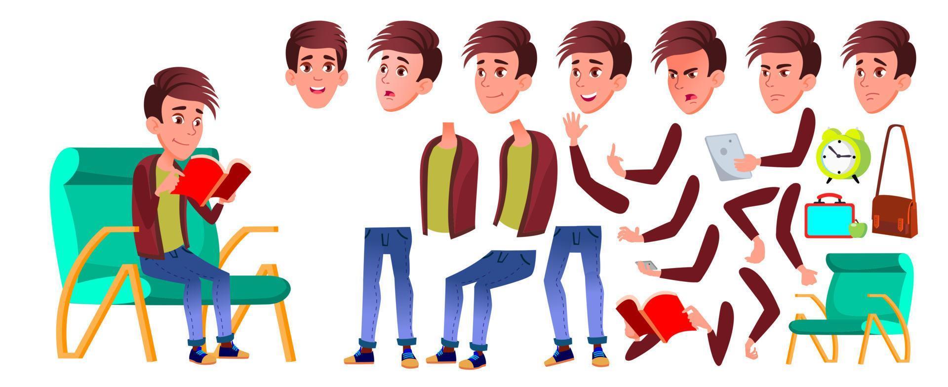 Boy Schoolboy Kid Vector. High School Child. Animation Creation Set. Face Emotions, Gestures. Schoolchild. September, Schoolchildren, Teen. For Banner, Flyer, Brochure Design. Animated. Illustration vector