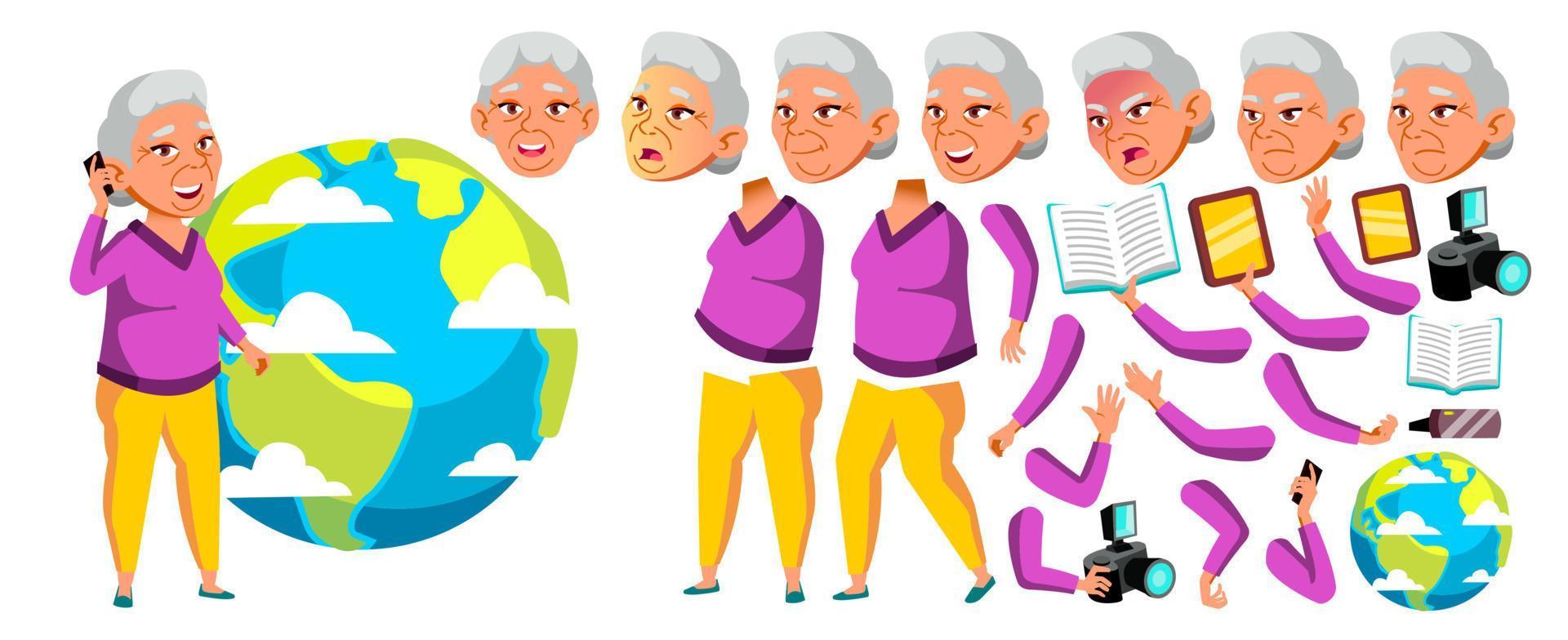 Asian Old Woman Vector. Senior Person Portrait. Elderly People. Aged. Animation Creation Set. Face Emotions, Gestures. Cute Retiree. Activity. Web, Brochure. Animated. Isolated Illustration vector