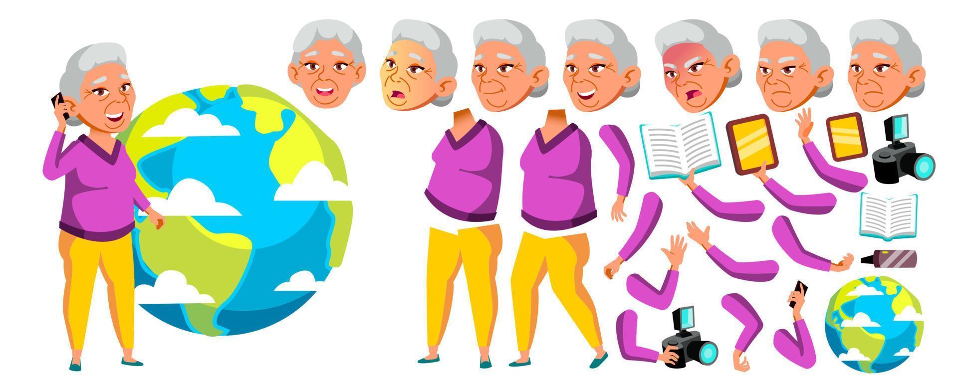 vector de anciana asiática. retrato de persona mayor. personas de edad avanzada. Envejecido. conjunto de creación de animación. enfrentar emociones, gestos. lindo jubilado. actividad. web, folleto. animado. ilustración aislada