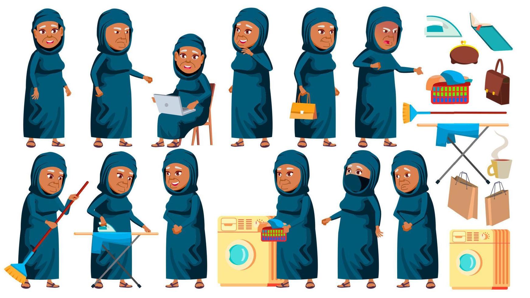 Arab, Muslim Old Woman Poses Set Vector. Elderly People. Senior Person. Aged. Positive Pensioner. Web, Brochure, Poster Design. Isolated Cartoon Illustration vector