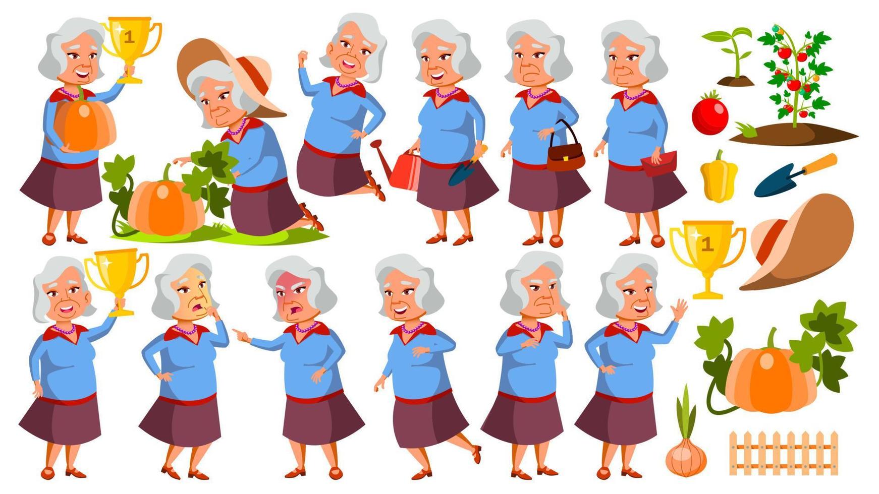 Asian Old Woman Poses Set Vector. Elderly People. Senior Person. Vegetable Garden. Aged. Friendly Grandparent. Banner, Flyer, Brochure Design. Isolated Cartoon Illustration vector