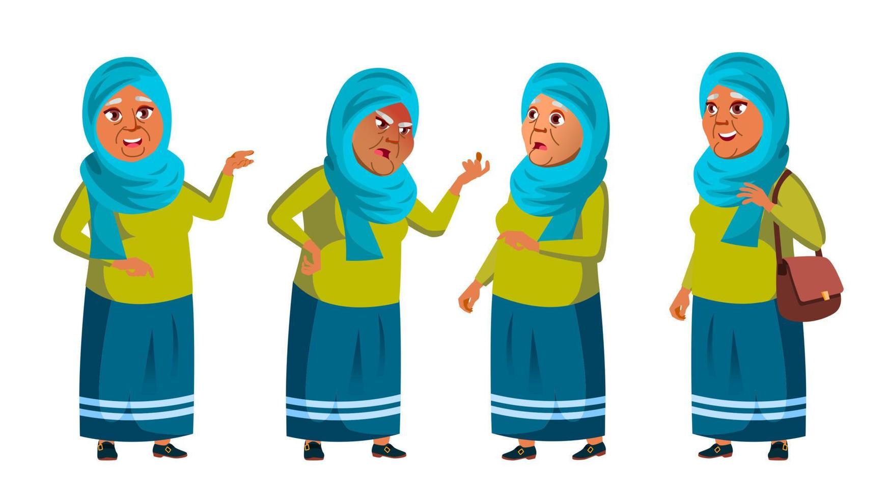 Arab, Muslim Old Woman Poses Set Vector. Elderly People. Senior Person. Aged. Positive Pensioner. Advertising, Placard, Print Design. Isolated Cartoon Illustration vector