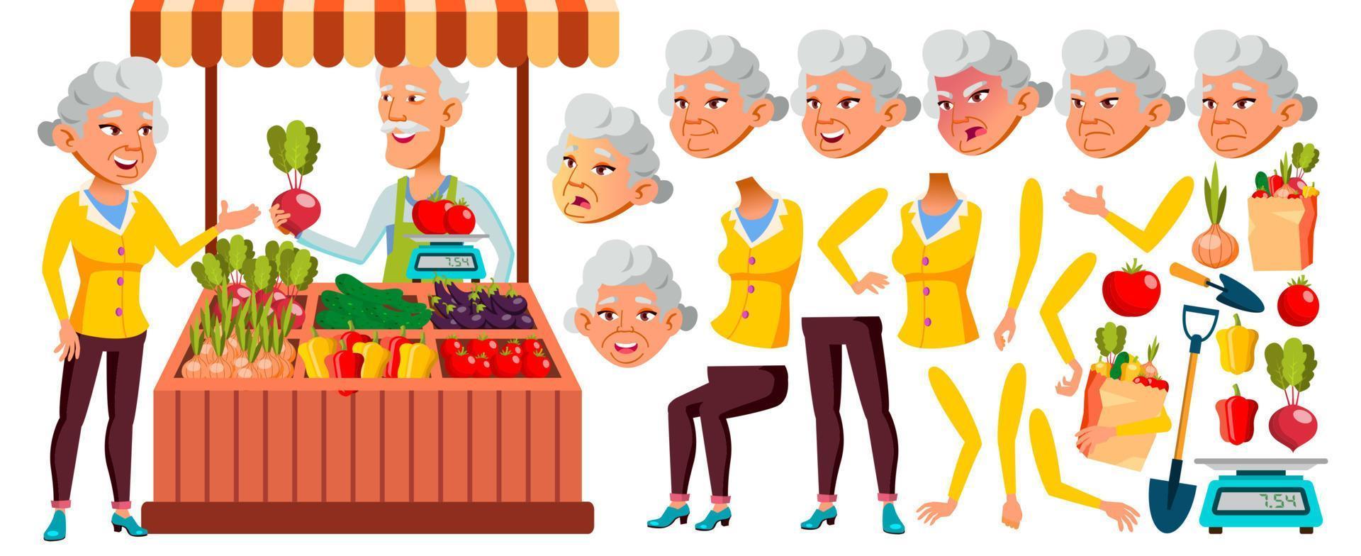 vector de anciana asiática. retrato de persona mayor. personas de edad avanzada. Envejecido. conjunto de creación de animación. verduras ecológicas, mercado. emociones, gestos. abuelo activo. animado. ilustración aislada