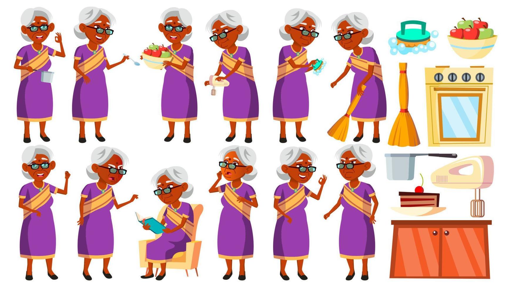 anciana india en poses de sari establece vector. personas de edad avanzada. hindú. asiático. persona mayor Envejecido. abuelo alegre. presentación, invitación, diseño de tarjetas. ilustración de dibujos animados aislados vector
