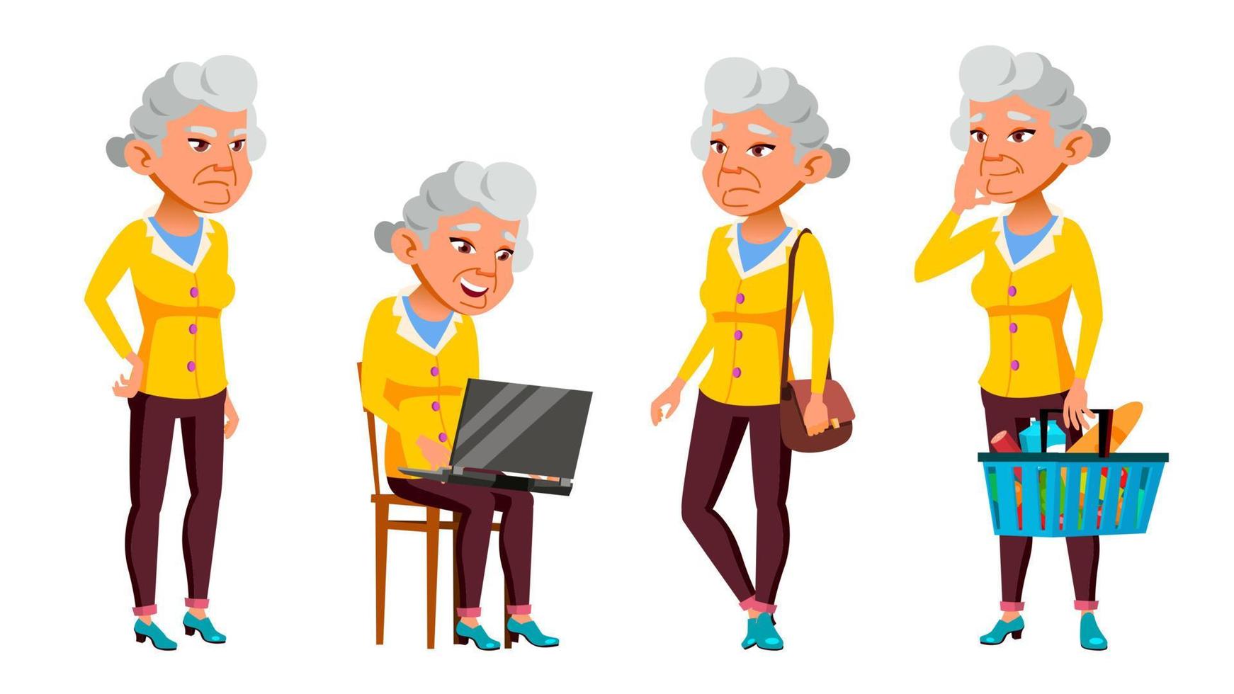 Asian Old Woman Poses Set Vector. Elderly People. Senior Person. Aged. Beautiful Retiree. Life. Presentation, Print, Invitation Design. Isolated Cartoon Illustration vector