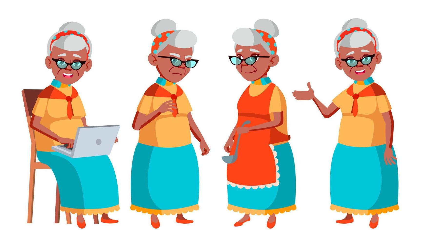 Old Woman Poses Set Vector. Black. Afro American. Elderly People. Senior Person. Aged. Positive Pensioner. Web, Brochure, Poster Design. Isolated Cartoon Illustration vector