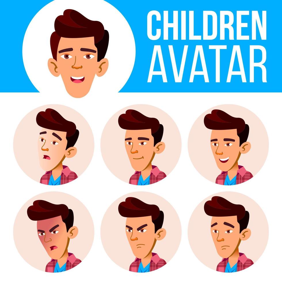 avatar de niño asiático establece vector de niño. escuela secundaria. enfrentar las emociones. facial, gente. niños, positivo. ilustración de cabeza de dibujos animados