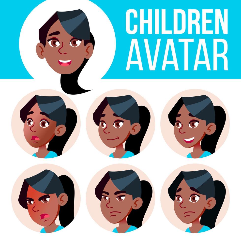 Girl Avatar Set Kid Vector. Black. Afro American. High School. Face Emotions. Flat, Portrait. Cute, Comic, Web. Cartoon Head Illustration vector