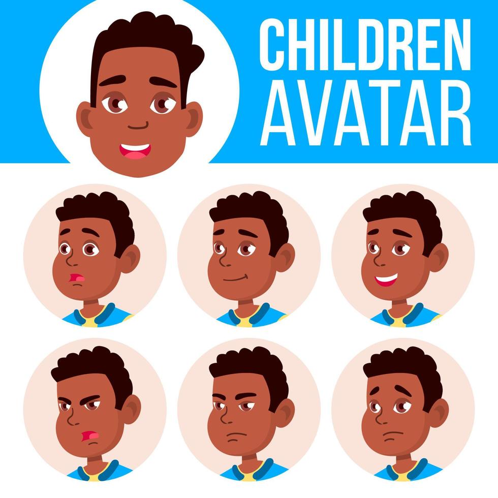 Boy Avatar Set Kid Vector. Afro American. Black. High School. Face Emotions. Flat, Portrait. Cute, Comic, Web. Cartoon Head Illustration vector