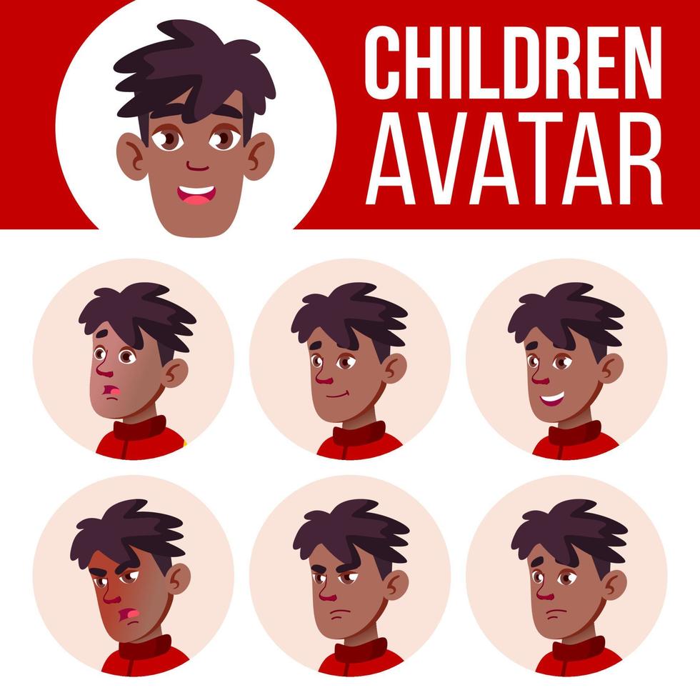 Boy Avatar Set Kid Vector. Black. Afro American. Face Emotions. Kid, Child. Friendly, Weeping. Cartoon Head Illustration vector