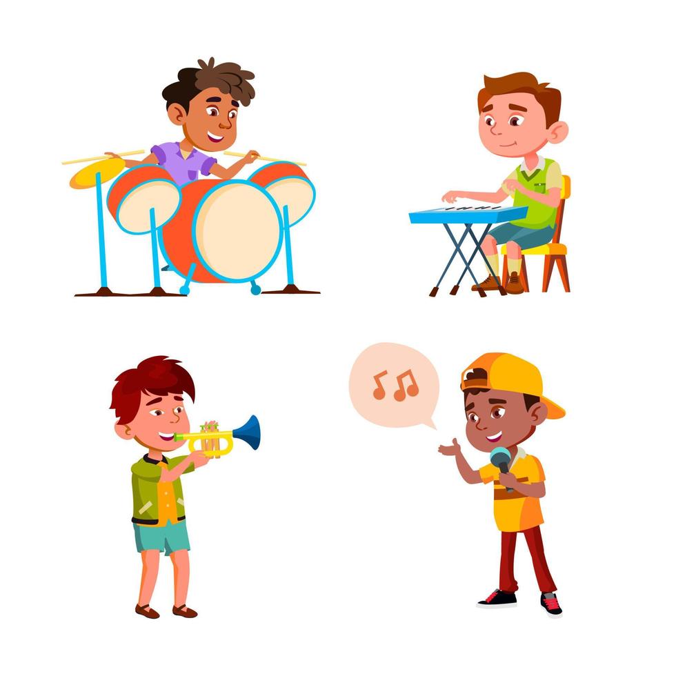 Kids Boys Playing In Music Orchestra Set Vector