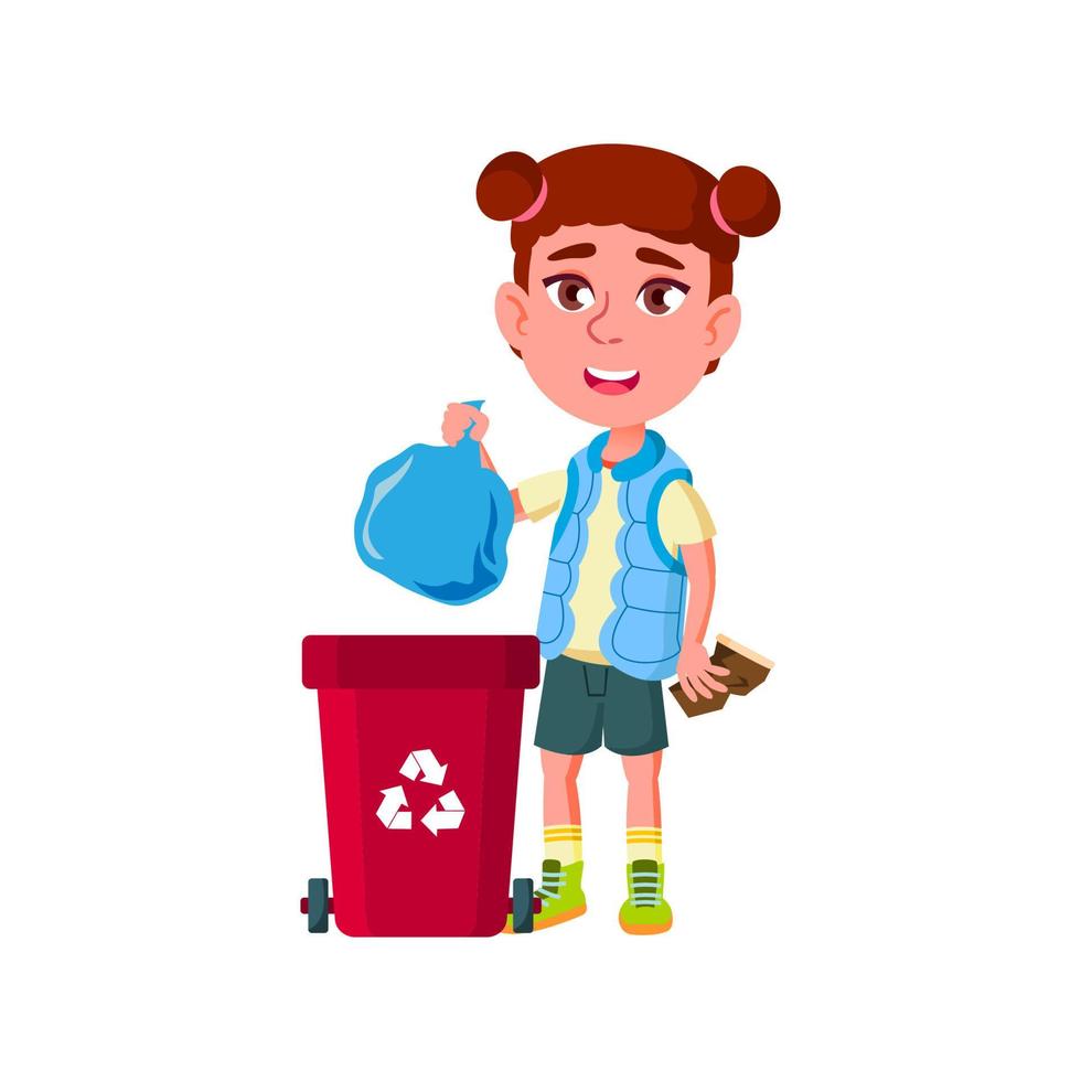 Girl Kid Throwing Rubbish Bag In Trash Can Vector